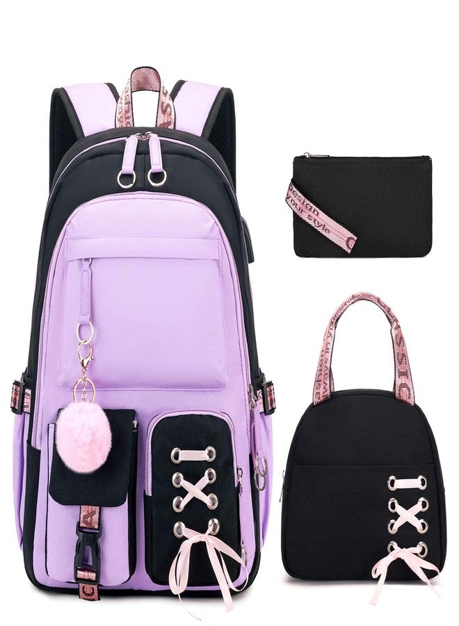 ACESAK Backpacks for Girls, Girls Backpack with Lunch Box and Pencil Case for Teen Kids Elementary Middle High School College Student, Children School Backpack Bookbag with USB Charging Port (Purple) - Image 1